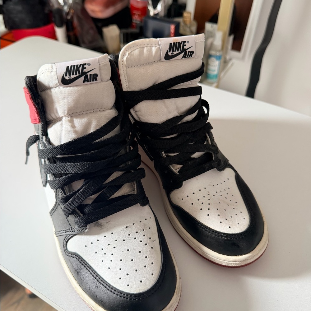 Jordan Women’s High-Top Sneakers in White, Black and Red Accent